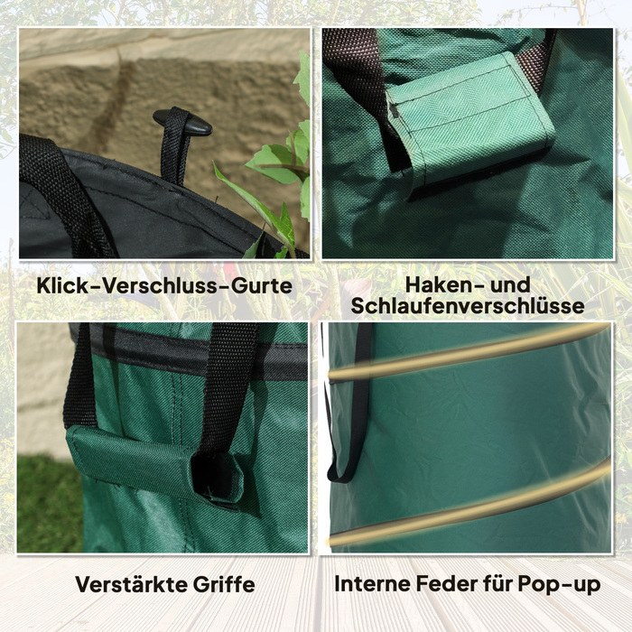 Outsunny Garden Bag 4x86L водонепроникний мішок для садових відходів з ручками на блискавці, стабільний мішок для листя, автономні садові мішки, багаторазові мішки для садових відходів Зелені відходи