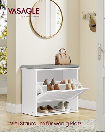 VASAGLE Комод для взуття з сидінням, банкетка для взуття з 3 ярусами, контейнер для взуття на 6 пар, відкидна полиця з регульованою перегородкою, 30 x 60 x 53,5 см, для передпокою, спальні, білий-сірий, LSB121WB01