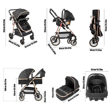 Дитяча коляска 3 в 1, комбінована коляска 3 в 1 Комплект з двома обертаними ручками, коляска з функцією складання в один клік, алюмінієвий каркас (588 Black) (3 в 1 V8 BLACK, 3 в 1-V8 Модель)