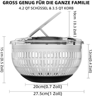 Салатниця-швидкосушарка з нержавіючої сталі 4.2L з мискою та кришкою, для салатів, овочів, ягід