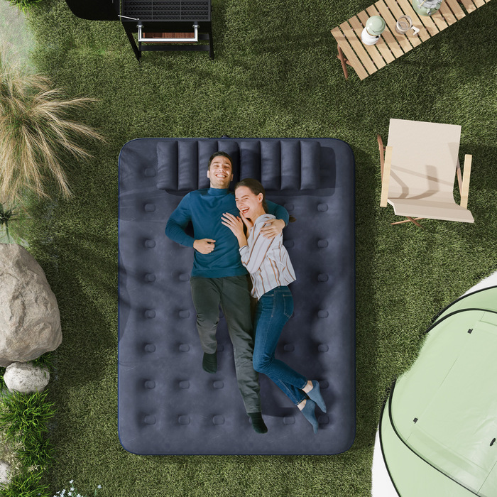 Двоспальний надувний матрац Outsunny Air Bed з ручним насосом і подушкою, синій 203x152x22 см для кемпінгу та гостей