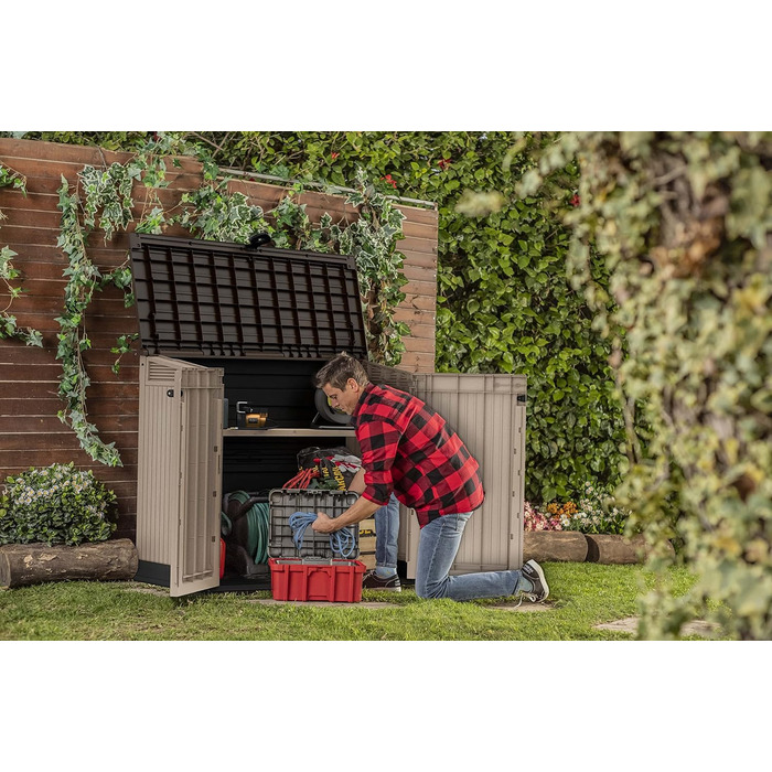 Мультифункціональний ящик для сміття Keter Store-it-Out Midi 845 л, 130x74x110 см, поліпропілен, сірий/чорний, захист від УФ, водонепроникний, з можливістю замикання