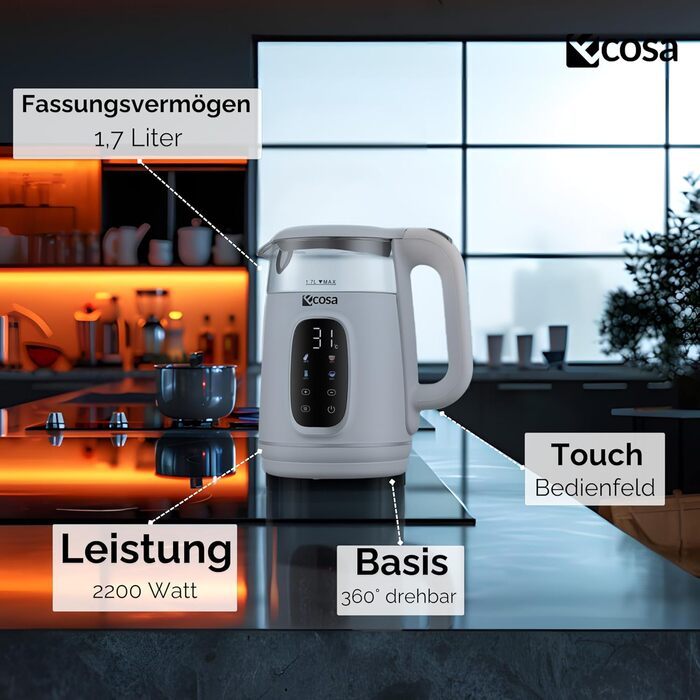 Електрочайник Ecosa® зі скляною колбою та регулюванням температури, 1.7 л, 2200 Вт, не містить BPA, з підігрівом та LED-підсвічуванням (Woldo White)