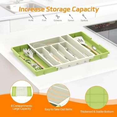 Розширюваний лоток для столових приборів, регульований тримач для столових приборів (зелений і білий)