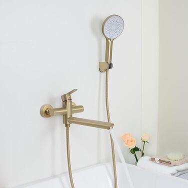 Набір змішувач для ванни PHASAT з витяжною лійкою, чорний, настінний монтаж, PTBB13E (довга лійка, матовий золотий)