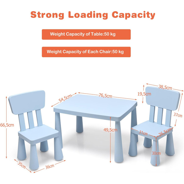Дитячий стіл LIFEZEAL з 2 стільцями: яскрава пластикова меблева група для дітей з підлокотниками та округлими краями (Блакитний)