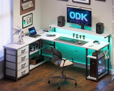 Письмовий стіл ODK з шухлядами 155×110 см, кутовий офісний стіл у формі L з LED підсвіткою, розетками та USB, білий
