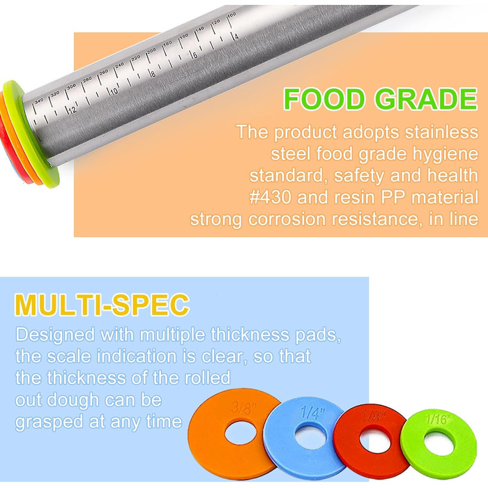 Регульована качалка з товстими кільцями, гладка антипригарна голка з нержавіючої сталі та килимок для випічки тіста, піци, торта, тістечок, макаронів, печива, помадки