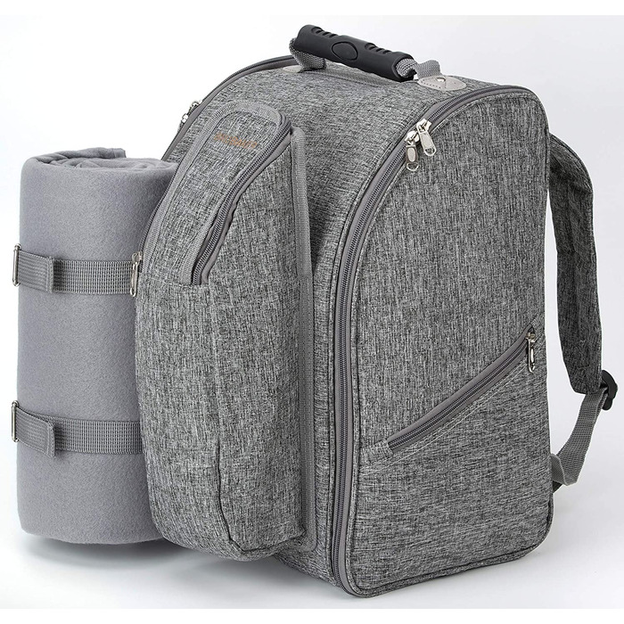 Рюкзак для пікніка на 2 особи BruBaker сірий, 28x40x22 см з термокишенею, ізольованим утримувачем для пляшок та флісовою ковдрою з водонепроникним дном