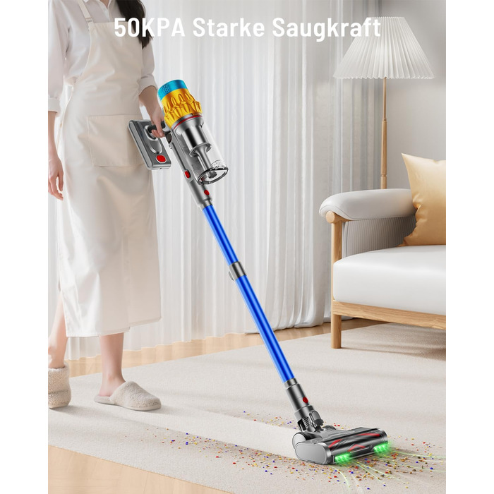 Акумуляторний пилосос бездротовий 600W, 70 хв, 1.8л, для підлоги, килимів, шерсті тварин, з самостійною підставкою, блакитний