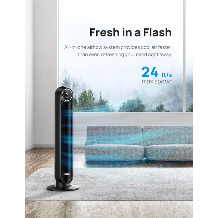 Dreo Smart Tower Fan - Безшумний вентилятор з керуванням через додаток та голосовим управлінням, 90° обертання, 4 режими, 4 швидкості, таймер 8 годин, Nomad One S, чорний