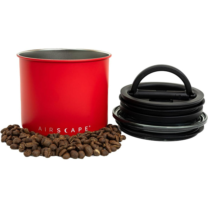 Контейнер для кави Airscape Planetary Design з нержавіючої сталі | Контейнер для продуктів | Повітряний герметичний клапан | Збереження свіжості продуктів | Матовий червоний, Small