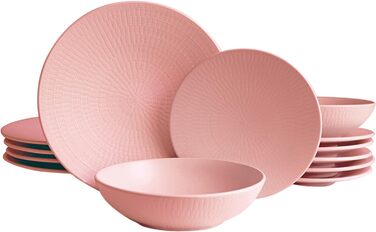 Обідній сервіз, дизайн Blanka Nature, на 4 особи, Стильний набір посуду з фаянсовою структурою з 4 обідніми тарілками, 4 бічними тарілками, 4 тарілками для супу, рожевими (18 шт. )