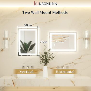 Дзеркало для ванної кімнати Keonjinn з підсвічуванням 50x70 см, без рами, LED, сенсорне управління, 3 кольори, диммування, пам'ять, протизапотівання