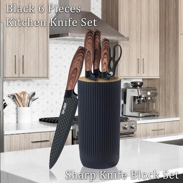 Набір кухонних ножів, 6 шт., чорний, гострий, з антипригарним покриттям, нержавіюча сталь, з підставкою для ножів (чорний)