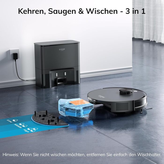 Робот-пилосос з функцією миття підлоги, автоматична станція самоочищення, лазерна навігація, зони заборони, 5000Pa, 5*2.5L мішки для пилу, 180 хвилин роботи, керування через додаток, для твердих підлог, килимів та шерсті тварин, S20