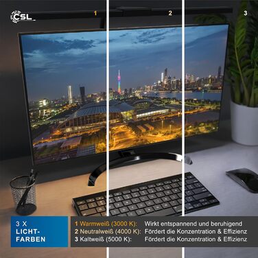 LED-лампа для монітора CSL Screenbar USB з пультом дистанційного керування, регульована яскравість, 3 колірні температури, захист очей, поворотна
