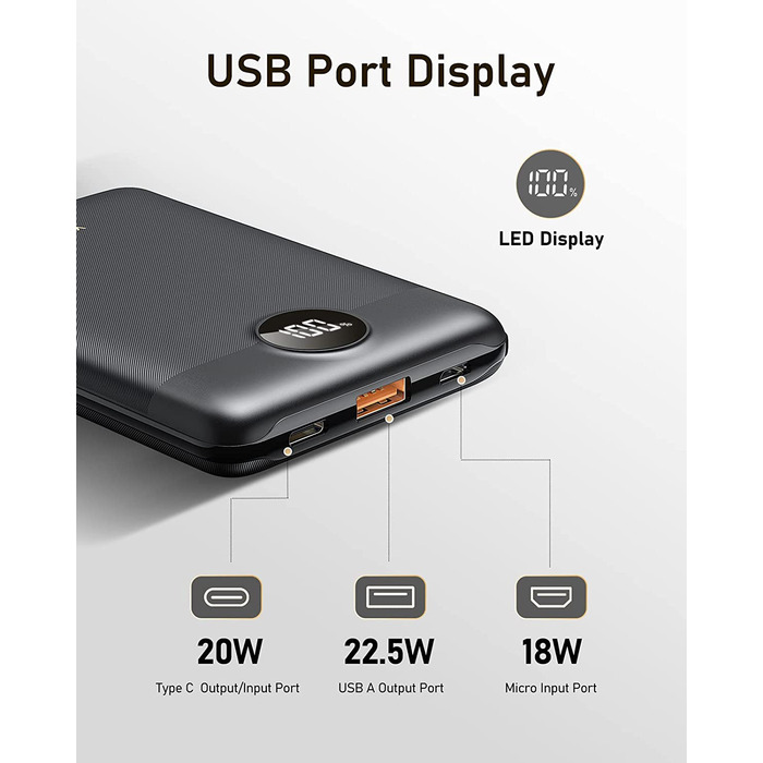 Для iPhone, Samsung, Xiaomi, Чорний, 22.5W Mini Power Bank 10000mAh USB C PD3.0 QC3.0