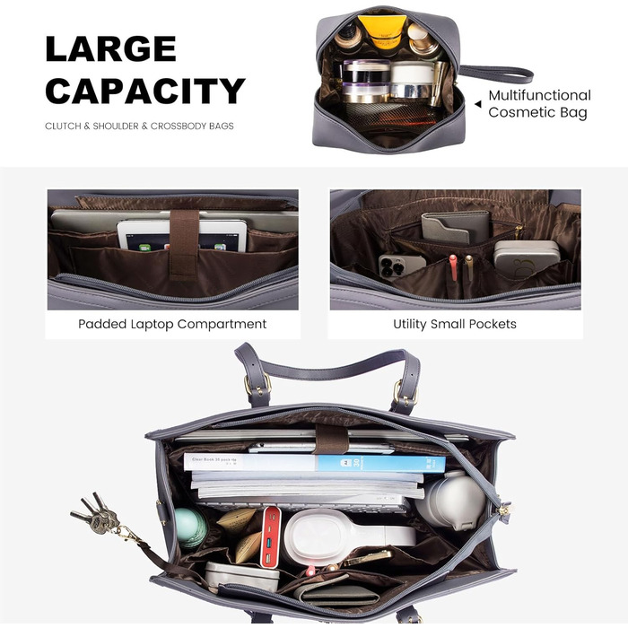 Сумка для ноутбука LOVEVOOK 15.6 дюймів для жінок: велика, на плечі, кросбоді, торба з канвасу, елегантна, для офісу, роботи, подорожей (сіра)