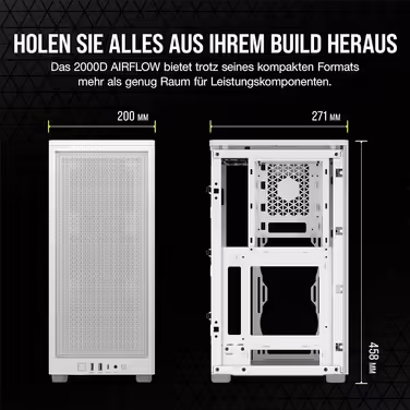 Корпус для ПК Corsair 2000D Airflow Mini ITX, білий, три слоти для GPU, сітчаста сталь, оптимізований для охолодження, сучасні порти на фронті
