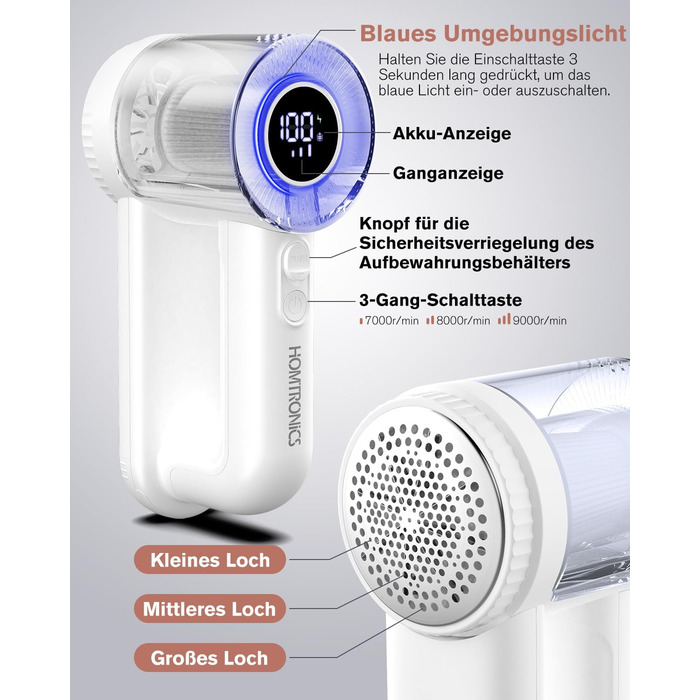 Електричний видальник ворсу Homtronics з USB-зарядкою, LED-дисплеєм та 6-кліновою головкою для одягу, диванів та килимів (білий)