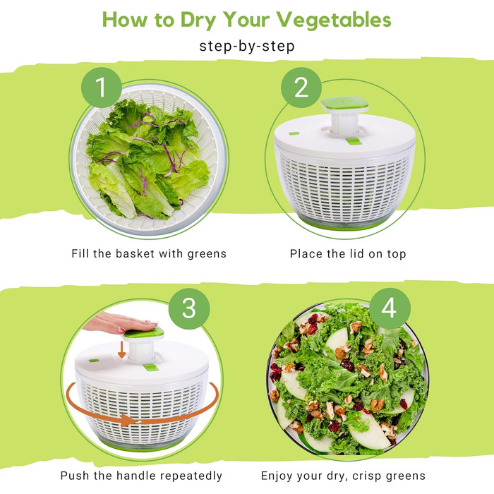 Салатниця-центрифуга Brieftons QuickPush: велика 6.3 кварт, для миття та сушіння овочів та фруктів, зручний одноручний механізм та гальмо, швидкі цикли обертання