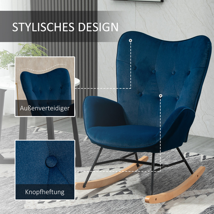 Крісло-гойдалка HOMCOM з капюшоном Rocking Chair Велика комфортність Підлокітники Сидіння Спинка оббита високощільним велюром Синій | Aosom