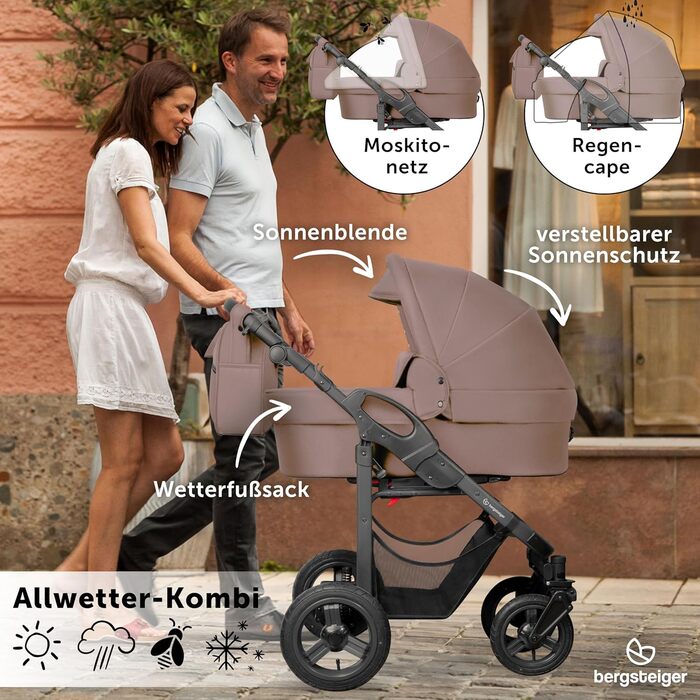Дитяча коляска 3-в-1 Bergsteiger Capri – люлька, автокрісло i-Size, прогулянковий блок, повітряні колеса, амортизація, регульована ручка, складна, аксесуари (колір: коричневий, рама: антрацит)
