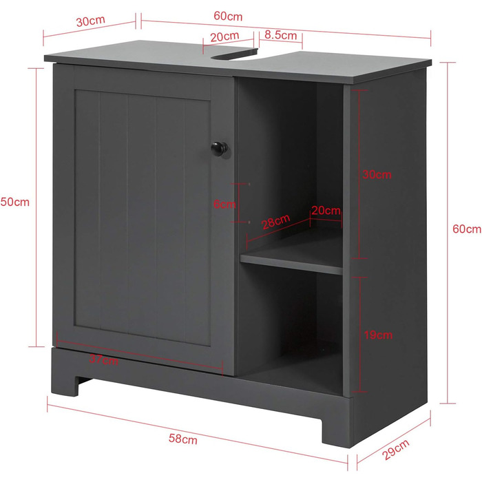 Тумба під умивальник SoBuy BZR38-DG, 2 полиці, 1 дверцята, темно-сірий, BHT приблизно 60x60x30см
