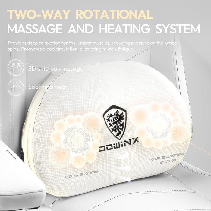 Ігровий крісло Dowinx з масажем та підігрівом, дихаюча спинка, регульоване, з підніжкою, підтримка спини та шиї, чорно-біле