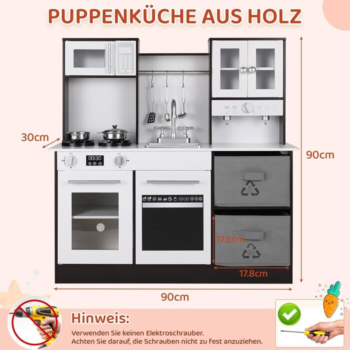 Дерев'яна дитяча кухня Mamizo з підсвіткою та звуком, іграшкова кухня для дітей, 90x30x90 см, з аксесуарами та 2 ящиками для зберігання, іграшка для дітей від 3 років (колір: коричневий)