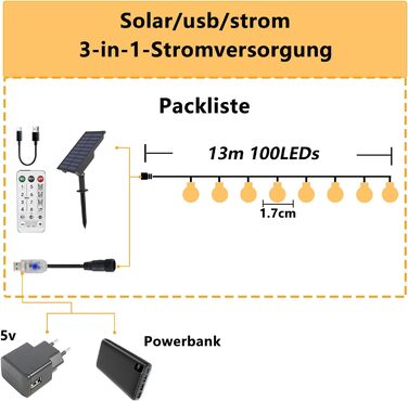 Сонячні ліхтарі на відкритому повітрі 13M 100 LED, сонячна батарея/USB, IP65 захист від погодних умов, затемнення, таймер, 8 режимів, освітлення 30-38 годин