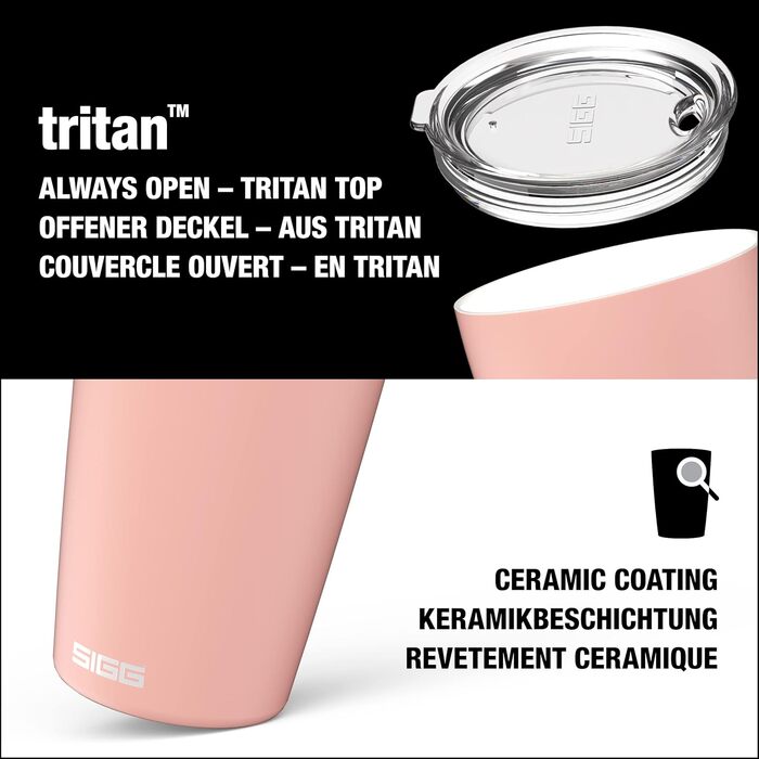 Кавова чашка SIGG Neso Pure Ceram з Tritan-кришкою, нержавіюча сталь 18/8, 0.3/0.4L, миється в посудомийній машині, BPA-free, рожевий колір