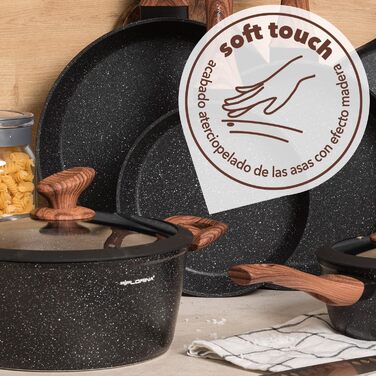 Набір каструль та сковорідок FLORINA 6 предметів, алюмінієві з кришками, для індукції, газу, електроплити, посудомийна машина, чорний (6.5л - 28 см)