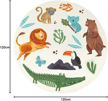 Дитячий килимок Joydec круглий, можна прати, з м'яким ворсом, Тварини в джунглях, бежевий, 80x80см (120x120см)