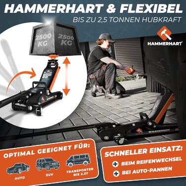 Гідравлічний домкрат HAMMERHART 3T з низьким профілем, 75-505мм, колеса 360°, подвійний поршень, гумові накладки, T-ручка - перевірена якість TÜV