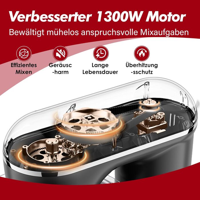 Кухонна машина Kitchen in the box 6L з 2 чашами по 3.5L, 10 швидкостей, з гаками для тіста, вінчиками та вінчиком для збивання (червона)
