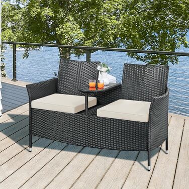 Садовий комплект Yaheetech: двомісна банкетка з столом з поліротангу, чорно-бежевий, 131x65,5x85 см, вантажопідйомність 350 кг