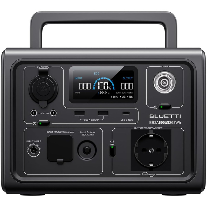 Портативна електростанція BLUETTI EB3A 268Wh: акумулятор LiFePO4, 600W (1200W пікова потужність), для кемпінгу та дому