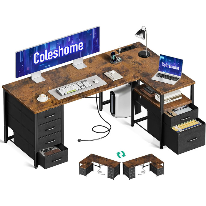 Комп'ютерний стіл Coleshome L-подібний з висувними ящиками з тканини, USB-роз'ємом та розеткою, для дому та офісу (Колір: Коричневий, 140x70 см)