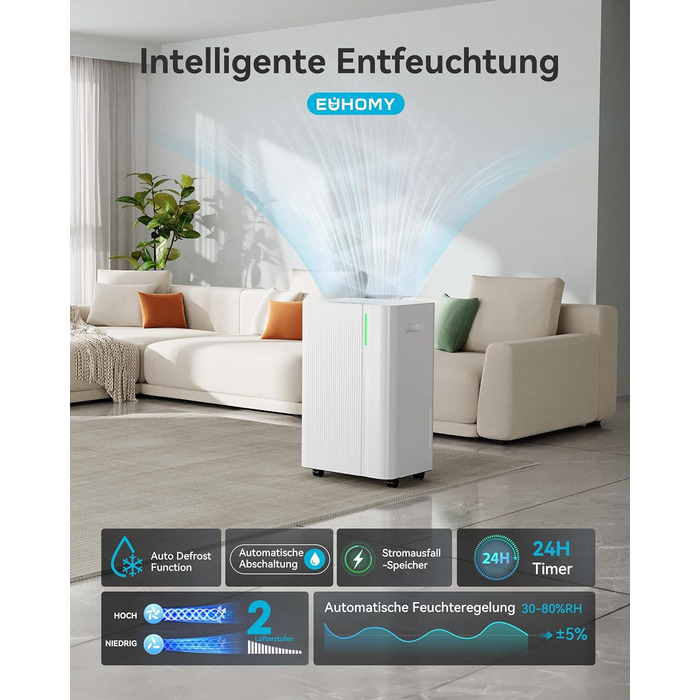 EUHOMY Електричний осушувач повітря 12L - для спальні/ванної/підвалу, тихий та економічний, 3 режими, автоматичне відтавання, шланг, фільтр, таймер, 12л/день (20л/день для 150м³/50м²)