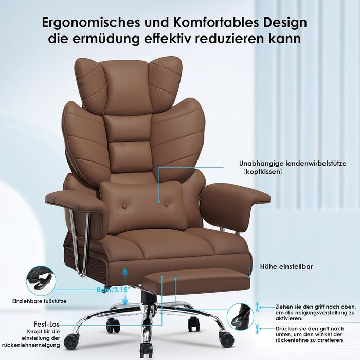 Ергономічне крісло для офісу з висувною підніжкою, регульоване по висоті, велика м'яка спинка, індивідуальна підтримка попереку, крісло для начальника з PU-шкіри, з підніжкою