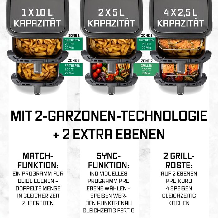 Фритюрниця повітряна GOURMETmaxx з 2 камерами, 10 л, сіра | 2x 5 л | з сенсорним дисплеєм