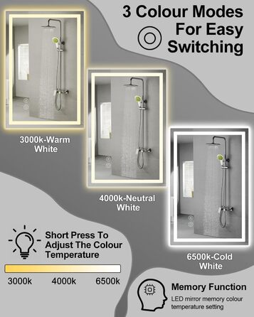 Дзеркало для ванної кімнати Habison з підсвічуванням LED, 50x70 см, сенсорне керування, регулювання яскравості, 3 колірні температури, функція пам'яті, антизапар, без Bluetooth