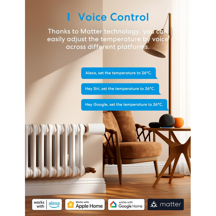 Meross Matter Термостат для радіатора Wi-Fi з підтримкою HomeKit, Alexa та Google Assistant (Додатковий блок)