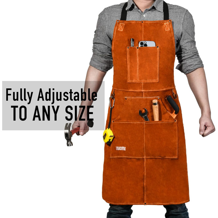 Шкіряний фартух зварювальника LeaSeek – термостійкий та вогнестійкий, з 6 кишенями, регульований, розмір M-XXXL (61x106 см)
