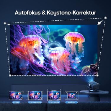 Міні проектор WOLFANG 4K з автофокусом та корекцією трапеції, 28000 люмен, WiFi 6, Bluetooth, для домашнього кінотеатру, 180° підставка, підтримка iOS/Android, для показу на вулиці