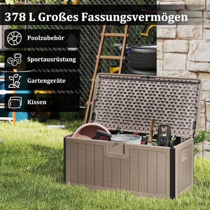Ящик садовий COSTWAY 378 л, водонепроникний, з кришкою на замок, для подушок та інструментів, коричневий