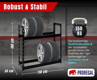 Стійка для шин PROREGAL Tiger: 100x110x35 см, 150 кг навантаження, до 8 шин, 2 яруси, чорний колір