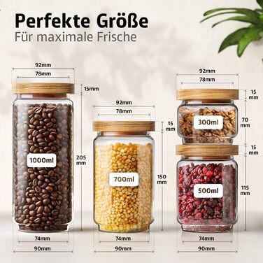 Набір скляних банок для зберігання з кришкою, 4 шт. (300, 500, 700, 1000 мл) | Герметичні, захищені від молі | Для спецій та продуктів харчування